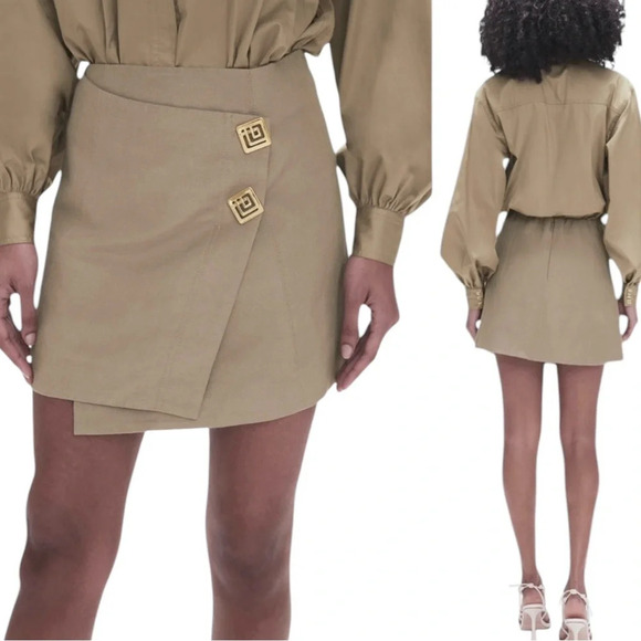 NEW Aje. Linen Blend Realm Wrap Front Mini Skirt Desert Khaki Size 10 - Picture 2 of 11